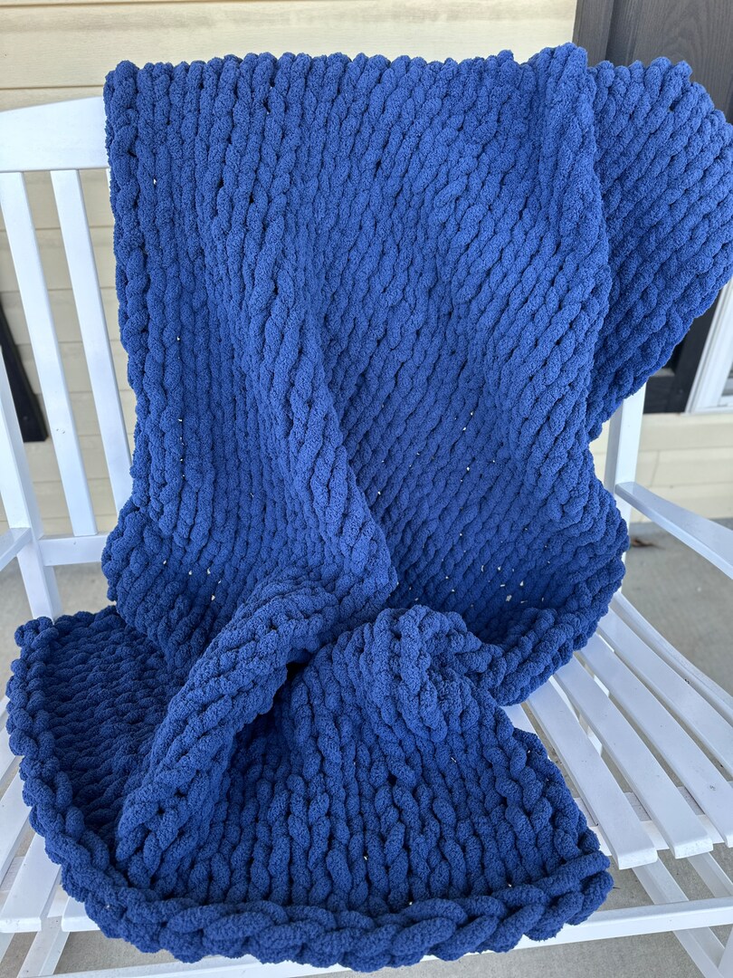 Navy Chunky Hand Knit blanket Chunky Chenille Blanket
